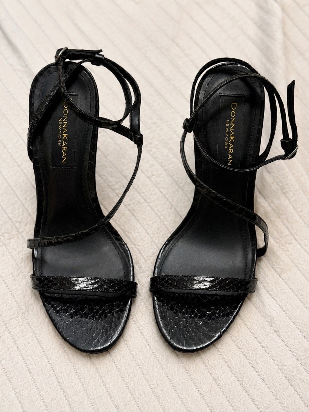 Donna Karan New York ✨ Black Snake-Print Strappy Stiletto Heels